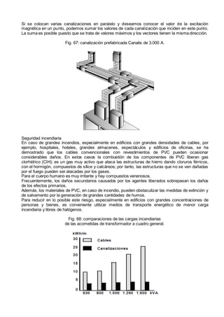 Si se colocan varias canalizaciones en paralelo y deseamos conocer el valor de la excitación
magnética en un punto, podemos sumar los valores de cada canalización que inciden en este punto.
La suma es posible puesto que se trata de valores máximos y los vectores tienen la misma dirección.
Fig. 67: canalización prefabricada Canalis de 3.000 A.
Seguridad incendiaria
En caso de grandes incendios, especialmente en edificios con grandes densidades de cables, por
ejemplo, hospitales, hoteles, grandes almacenes, espectáculos y edificios de oficinas, se ha
demostrado que los cables convencionales con revestimientos de PVC pueden ocasionar
considerables daños. En estos casos la combustión de los componentes de PVC liberan gas
clorhídrico (ClH); es un gas muy activo que ataca las estructuras de hierro dando cloruros férricos,
con el hormigón, compuestos de sílice y calcáreos; por tanto, las estructuras que no se ven dañadas
por el fuego pueden ser atacadas por los gases.
Para el cuerpo humano es muy irritante y hay compuestos venenosos.
Frecuentemente, los daños secundarios causados por los agentes liberados sobrepasan los daños
de los efectos primarios.
Además, los materiales de PVC, en caso de incendio, pueden obstaculizar las medidas de extinción y
de salvamento por la generación de grandes cantidades de humos.
Para reducir en lo posible este riesgo, especialmente en edificios con grandes concentraciones de
personas y bienes, es conveniente utilizar medios de transporte energético de menor carga
incendiaria y libres de halógenos.
Fig. 68: comparaciones de las cargas incendiarias
de las acometidas de transformador a cuadro general.
 