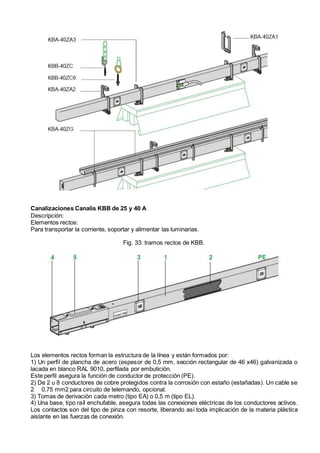 Canalizaciones Canalis KBB de 25 y 40 A
Descripción:
Elementos rectos:
Para transportar la corriente, soportar y alimentar las luminarias.
Fig. 33: tramos rectos de KBB.
Los elementos rectos forman la estructura de la línea y están formados por:
1) Un perfil de plancha de acero (espesor de 0,5 mm, sección rectangular de 46 x46) galvanizada o
lacada en blanco RAL 9010, perfilada por embutición.
Este perfil asegura la función de conductor de protección (PE).
2) De 2 u 8 conductores de cobre protegidos contra la corrosión con estaño (estañadas). Un cable se
2 0,75 mm2 para circuito de telemando, opcional.
3) Tomas de derivación cada metro (tipo EA) o 0,5 m (tipo EL).
4) Una base, tipo raíl enchufable, asegura todas las conexiones eléctricas de los conductores activos.
Los contactos son del tipo de pinza con resorte, liberando así toda implicación de la materia plástica
aislante en las fuerzas de conexión.
 