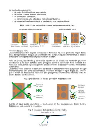 por conducción, proveniente:
    • de redes de distribución de agua caliente;
    • de instalaciones de aparatos y luminarias;
    • de procesos de fabricación;
    • de transmisión de calor a través de materiales conductores;
    • de recuperación del calor solar de la canalización o del medio ambiente.

              Fig.2: protección de las canalizaciones de las fuentes externas de calor.




Presencia de agua (AD):
Las canalizaciones deben elegirse e instalarse de forma que no pueda producirse ningún daño a
causa de la penetración de agua. La canalización debe cumplir, después del ensamblaje, la clase de
protección IP correspondiente al emplazamiento en cuestión.

Nota: En general, las cubiertas y envolventes aislantes de los cables para instalación fija pueden
considerarse, si no están dañadas, como protegidas contra la penetración de la humedad. Son
necesarias precauciones especiales para los cables sometidos a rociados frecuentes, inmersiones o
sumersiones.
Las canalizaciones eléctricas no se situarán por debajo de otras canalizaciones que puedan dar lugar
a condensaciones, tales como las destinadas a conducción de vapor, de agua, de gas, etc., a menos
que se tomen las disposiciones necesarias para proteger las canalizaciones eléctricas contra los
efectos de estas condensaciones.

                   Fig. 3: protecciones a la posible generación de condensación.




Cuando el agua pueda acumularse o condensarse en las canalizaciones, deben tomarse
disposiciones para asegurar la evacuación.

                         Fig. 4: evacuación de la condensación no evitable.
 