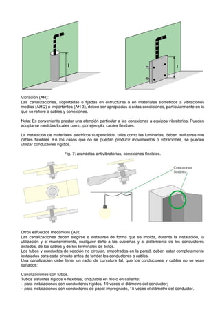Vibración (AH):
Las canalizaciones, soportadas o fijadas en estructuras o en materiales sometidos a vibraciones
medias (AH 2) o importantes (AH 3), deben ser apropiadas a estas condiciones, particularmente en lo
que se refiere a cables y conexiones.

Nota: Es conveniente prestar una atención particular a las conexiones a equipos vibratorios. Pueden
adoptarse medidas locales como, por ejemplo, cables flexibles.

La instalación de materiales eléctricos suspendidos, tales como las luminarias, deben realizarse con
cables flexibles. En los casos que no se puedan producir movimientos o vibraciones, se pueden
utilizar conductores rígidos.

                       Fig. 7: arandelas antivibratorias, conexiones flexibles.




Otros esfuerzos mecánicos (AJ):
Las canalizaciones deben elegirse e instalarse de forma que se impida, durante la instalación, la
utilización y el mantenimiento, cualquier daño a las cubiertas y al aislamiento de los conductores
aislados, de los cables y de los terminales de éstos.
Los tubos y conductos de sección no circular, empotrados en la pared, deben estar completamente
instalados para cada circuito antes de tender los conductores o cables.
Una canalización debe tener un radio de curvatura tal, que los conductores y cables no se vean
dañados:

Canalizaciones con tubos.
Tubos aislantes rígidos o flexibles, ondulable en frío o en caliente:
– para instalaciones con conductores rígidos, 10 veces el diámetro del conductor;
– para instalaciones con conductores de papel impregnado, 15 veces el diámetro del conductor.
 