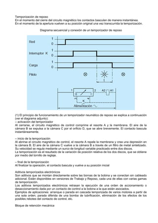 Temporización de reposo
En el momento del cierre del circuito magnético los contactos basculan de manera instantánea.
En el momento de la apertura vuelven a su posición original una vez transcurrida la temporización.

                    Diagrama secuencial y conexión de un temporizador de reposo




(1) El principio de funcionamiento de un temporizador neumático de reposo se explica a continuación
(ver el diagrama adjunto):
– activación del temporizador
Al cerrarse, el circuito magnético de control comprime el resorte A y la membrana. El aire de la
cámara B se expulsa a la cámara C por el orificio D, que se abre brevemente. El contacto bascula
instantáneamente.

– inicio de la temporización
Al abrirse el circuito magnético de control, el resorte A repele la membrana y crea una depresión en
la cámara B. El aire de la cámara C vuelve a la cámara B a través de un filtro de metal sintetizado.
Su velocidad se regula mediante un surco de longitud variable practicado entre dos discos.
La temporización es el resultado de la variación de posición relativa de los dos discos, que se obtiene
por medio del tornillo de reglaje.

– final de la temporización
Al finalizar la operación, el contacto bascula y vuelve a su posición inicial

Aditivos temporizados electrónicos
Son aditivos que se montan directamente sobre las bornas de la bobina y se conectan sin cableado
adicional. Están disponibles en versiones de Trabajo y Reposo, cada una de ellas con varias gamas
de temporización.
Los aditivos temporizados electrónicos retrasan la ejecución de una orden de accionamiento o
desaccionamiento dada por un contacto de control a la bobina a la que están asociados.
Ejemplos de aplicaciones: arranque o parada en cascada temporizada de varios motores a partir de
una sola orden, parada diferida de una bomba de lubrificación, eliminación de los efectos de los
posibles rebotes del contacto de control, etc.

Bloque de retención mecánica
 