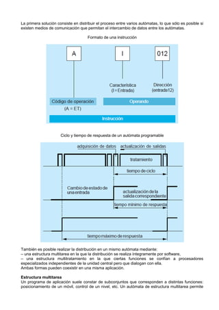 La primera solución consiste en distribuir el proceso entre varios autómatas, lo que sólo es posible si
existen medios de comunicación que permitan el intercambio de datos entre los autómatas.

                                     Formato de una instrucción




                      Ciclo y tiempo de respuesta de un autómata programable




También es posible realizar la distribución en un mismo autómata mediante:
– una estructura multitarea en la que la distribución se realiza íntegramente por software,
– una estructura multitratamiento en la que ciertas funciones se confían a procesadores
especializados independientes de la unidad central pero que dialogan con ella.
Ambas formas pueden coexistir en una misma aplicación.

Estructura multitarea
Un programa de aplicación suele constar de subconjuntos que corresponden a distintas funciones:
posicionamiento de un móvil, control de un nivel, etc. Un autómata de estructura multitarea permite
 