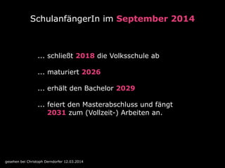 SchulanfängerIn im September 2014 
... schließt 2018 die Volksschule ab 
... maturiert 2026 
... erhält den Bachelor 2029 
... feiert den Masterabschluss und fängt 
2031 zum (Vollzeit-) Arbeiten an. 
gesehen bei Christoph Derndorfer 12.03.2014 
 