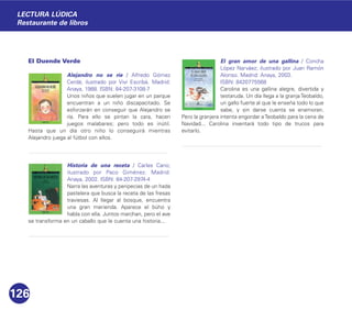 El Duende Verde
Alejandro no se ríe / Alfredo Gómez
Cerdá; ilustrado por Viví Escribá. Madrid:
Anaya, 1988. ISBN: 84-207-3108-7
Unos niños que suelen jugar en un parque
encuentran a un niño discapacitado. Se
esforzarán en conseguir que Alejandro se
ría. Para ello se pintan la cara, hacen
juegos malabares; pero todo es inútil.
Hasta que un día otro niño lo conseguirá mientras
Alejandro juega al fútbol con ellos.
Historia de una receta / Carles Cano;
ilustrado por Paco Giménez. Madrid:
Anaya, 2002. ISBN: 84-207-2974-4
Narra las aventuras y peripecias de un hada
pastelera que busca la receta de las fresas
traviesas. Al llegar al bosque, encuentra
una gran merienda. Aparece el búho y
habla con ella. Juntos marchan, pero el ave
se transforma en un caballo que le cuenta una historia...
El gran amor de una gallina / Concha
López Narváez; ilustrado por Juan Ramón
Alonso. Madrid: Anaya, 2003.
ISBN: 8420775568
Carolina es una gallina alegre, divertida y
testaruda. Un día llega a la granja Teobaldo,
un gallo fuerte al que le enseña todo lo que
sabe, y sin darse cuenta se enamoran.
Pero la granjera intenta engordar aTeobaldo para la cena de
Navidad... Carolina inventará todo tipo de trucos para
evitarlo.
126
LECTURA LÚDICA
Restaurante de libros
 