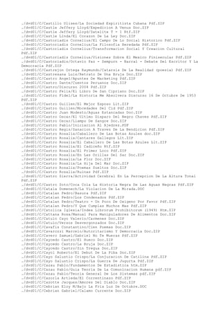 ./dvd01/C/Castillo Ulises/La Sociedad Espiritista Cubana Pdf.ZIP
./dvd01/C/Castle Jeffery Lloyd/Expedicion A Venus Doc.ZIP
./dvd01/C/Castle Jeffery Lloyd/Satelite T - 1 Rtf.ZIP
./dvd01/C/Castle Linda/El Corazon De La Ley Doc.ZIP
./dvd01/C/Castoriadis Cornelius/El Campo De Lo Social Historico Pdf.ZIP
./dvd01/C/Castoriadis Cornelius/La Filosofia Heredada Pdf.ZIP
./dvd01/C/Castoriadis Cornelius/Transformacion Social Y Creacion Cultural
Pdf.ZIP
./dvd01/C/Castoriadis Cornelius/Visiones Sobre El Mexico Finisecular Pdf.ZIP
./dvd01/C/Castoriadis/Octavio Paz - Sempurn - Barral - Debate Del Escritor Y La
Democracia Pdf.ZIP
./dvd01/C/Castrejon Ortega Raymundo/Catarsis De La Realidad (poesia) Pdf.ZIP
./dvd01/C/Castresana Luis/Retrato De Una Bruja Doc.ZIP
./dvd01/C/Castro Angel/Apuntes De Marketing Pdf.ZIP
./dvd01/C/Castro Dante/Cuentos Peruanos Doc.ZIP
./dvd01/C/Castro/Discurso 2004 Pdf.ZIP
./dvd01/C/Castro Felix/El Libro De San Cipriano Doc.ZIP
./dvd01/C/Castro Fidel/La Historia Me Absolvera Discurso 16 De Octubre De 1953
Pdf.ZIP
./dvd01/C/Castro Guillen/El Mejor Esposo Lit.ZIP
./dvd01/C/Castro Guillen/Mocedades Del Cid Pdf.ZIP
./dvd01/C/Castro Juan Modesto/Aguas Estancadas Doc.ZIP
./dvd01/C/Castro Oscar/El Ultimo Disparo Del Negro Chaves Pdf.ZIP
./dvd01/C/Castro Oscar/Llampo De Sangre Doc.ZIP
./dvd01/C/Castro Pablo/Iniciacion Al Ajedrez.PDF
./dvd01/C/Castro Regis/Sanacion A Traves De La Bendicion Pdf.ZIP
./dvd01/C/Castro Rosalia/Caballero De Las Botas Azules doc.ZIP
./dvd01/C/Castro Rosalia/Cantares Gallegos Lit.ZIP
./dvd01/C/Castro Rosalia/El Caballero De Las Botas Azules Lit.ZIP
./dvd01/C/Castro Rosalia/El Cadiceño Rtf.ZIP
./dvd01/C/Castro Rosalia/El Primer Loco Pdf.ZIP
./dvd01/C/Castro Rosalia/En Las Orillas Del Sar Doc.ZIP
./dvd01/C/Castro Rosalia/La Flor Doc.ZIP
./dvd01/C/Castro Rosalia/La Hija Del Mar Doc.ZIP
./dvd01/C/Castro Rosalia/Poemas Sueltos Doc.ZIP
./dvd01/C/Castro Rosalia/Ruinas Pdf.ZIP
./dvd01/C/Castro Sierra/Actividad Cerebral En La Percepcion De La Altura Tonal
Pdf.ZIP
./dvd01/C/Castro Soto/Coca Cola La Historia Negra De Las Aguas Negras Pdf.ZIP
./dvd01/C/Catala Domenech/La Violacion De La Mirada.DOC
./dvd01/C/Catalan Pedro/Basura Pdf.ZIP
./dvd01/C/Catalan Pedro/Los Condenados Pdf.ZIP
./dvd01/C/Catalan Pedro/Teatro - Un Poco De Oxigeno Por Favor Pdf.ZIP
./dvd01/C/Catalan Pedro/Y Que Cumplas Muchos Mas Pdf.ZIP
./dvd01/C/Catolica Iglesia/Index Librorum Prohibitorum (1949) Htm.ZIP
./dvd01/C/Cattana Rosa/Manual Para Manipuladores De Alimentos Doc.ZIP
./dvd01/C/Catulo Cayo Valerio/Carmenes Doc.ZIP
./dvd01/C/Catulo/Versos Desvergonzados Doc.ZIP
./dvd01/C/Cavafis Constantino/Cien Poemas Doc.ZIP
./dvd01/C/Cavarozzi Marcelo/Autoritarismo Y Democracia Doc.ZIP
./dvd01/C/Cavero Samuel/Gabriel No Te Mueras Pdf.ZIP
./dvd01/C/Caycedo Castro/El Hueco Doc.ZIP
./dvd01/C/Caycedo Castro/La Bruja Doc.ZIP
./dvd01/C/Caycedo Castro/Sin Tregua Doc.ZIP
./dvd01/C/Cayol Roberto/El Debut De La Piba Doc.ZIP
./dvd01/C/Cayo Salustio Crispo/La Conjuracion De Catilina Pdf.ZIP
./dvd01/C/Cayo Salustio Crispo/La Guerra De Jugurta Pdf.ZIP
./dvd01/C/Cazau Pablo/Fundamentos De Estadistica htm.ZIP
./dvd01/C/Cazau Pablo/Guia Teoria De La Comunicacion Humana pdf.ZIP
./dvd01/C/Cazau Pablo/Teoria General De Los Sistemas pdf.ZIP
./dvd01/C/Cazorla Artieda/El Correntinazo Pdf.ZIP
./dvd01/C/Cazotte Jacques/Amores Del Diablo Doc.ZIP
./dvd01/C/Cebrian Eloy M/Bajo La Fria Luz De Octubre.DOC
./dvd01/C/Cebrian Gabriel/Calamo Currente Doc.ZIP
 