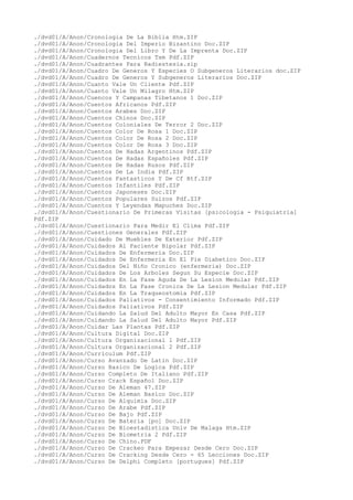 ./dvd01/A/Anon/Cronologia De La Biblia Htm.ZIP
./dvd01/A/Anon/Cronologia Del Imperio Bizantino Doc.ZIP
./dvd01/A/Anon/Cronologia Del Libro Y De La Imprenta Doc.ZIP
./dvd01/A/Anon/Cuadernos Tecnicos Tsm Pdf.ZIP
./dvd01/A/Anon/Cuadrantes Para Radiestesia.zip
./dvd01/A/Anon/Cuadro De Generos Y Especies O Subgeneros Literarios doc.ZIP
./dvd01/A/Anon/Cuadro De Generos Y Subgeneros Literarios Doc.ZIP
./dvd01/A/Anon/Cuanto Vale Un Cliente Pdf.ZIP
./dvd01/A/Anon/Cuanto Vale Un Milagro Htm.ZIP
./dvd01/A/Anon/Cuencos Y Campanas Tibetanos 1 Doc.ZIP
./dvd01/A/Anon/Cuentos Africanos Pdf.ZIP
./dvd01/A/Anon/Cuentos Arabes Doc.ZIP
./dvd01/A/Anon/Cuentos Chinos Doc.ZIP
./dvd01/A/Anon/Cuentos Coloniales De Terror 2 Doc.ZIP
./dvd01/A/Anon/Cuentos Color De Rosa 1 Doc.ZIP
./dvd01/A/Anon/Cuentos Color De Rosa 2 Doc.ZIP
./dvd01/A/Anon/Cuentos Color De Rosa 3 Doc.ZIP
./dvd01/A/Anon/Cuentos De Hadas Argentinos Pdf.ZIP
./dvd01/A/Anon/Cuentos De Hadas Españoles Pdf.ZIP
./dvd01/A/Anon/Cuentos De Hadas Rusos Pdf.ZIP
./dvd01/A/Anon/Cuentos De La India Pdf.ZIP
./dvd01/A/Anon/Cuentos Fantasticos Y De Cf Rtf.ZIP
./dvd01/A/Anon/Cuentos Infantiles Pdf.ZIP
./dvd01/A/Anon/Cuentos Japoneses Doc.ZIP
./dvd01/A/Anon/Cuentos Populares Suizos Pdf.ZIP
./dvd01/A/Anon/Cuentos Y Leyendas Mapuches Doc.ZIP
./dvd01/A/Anon/Cuestionario De Primeras Visitas [psicologia - Psiquiatria]
Pdf.ZIP
./dvd01/A/Anon/Cuestionario Para Medir El Clima Pdf.ZIP
./dvd01/A/Anon/Cuestiones Generales Pdf.ZIP
./dvd01/A/Anon/Cuidado De Muebles De Exterior Pdf.ZIP
./dvd01/A/Anon/Cuidados Al Paciente Bipolar Pdf.ZIP
./dvd01/A/Anon/Cuidados De Enfermeria Doc.ZIP
./dvd01/A/Anon/Cuidados De Enfermeria En El Pie Diabetico Doc.ZIP
./dvd01/A/Anon/Cuidados Del Niño Cronico (enfermeria) Doc.ZIP
./dvd01/A/Anon/Cuidados De Los Arboles Segun Su Especie Doc.ZIP
./dvd01/A/Anon/Cuidados En La Fase Aguda De La Lesion Medular Pdf.ZIP
./dvd01/A/Anon/Cuidados En La Fase Cronica De La Lesion Medular Pdf.ZIP
./dvd01/A/Anon/Cuidados En La Traqueostomia Pdf.ZIP
./dvd01/A/Anon/Cuidados Paliativos - Consentimiento Informado Pdf.ZIP
./dvd01/A/Anon/Cuidados Paliativos Pdf.ZIP
./dvd01/A/Anon/Cuidando La Salud Del Adulto Mayor En Casa Pdf.ZIP
./dvd01/A/Anon/Cuidando La Salud Del Adulto Mayor Pdf.ZIP
./dvd01/A/Anon/Cuidar Las Plantas Pdf.ZIP
./dvd01/A/Anon/Cultura Digital Doc.ZIP
./dvd01/A/Anon/Cultura Organizacional 1 Pdf.ZIP
./dvd01/A/Anon/Cultura Organizacional 2 Pdf.ZIP
./dvd01/A/Anon/Curriculum Pdf.ZIP
./dvd01/A/Anon/Curso Avanzado De Latin Doc.ZIP
./dvd01/A/Anon/Curso Basico De Logica Pdf.ZIP
./dvd01/A/Anon/Curso Completo De Italiano Pdf.ZIP
./dvd01/A/Anon/Curso Crack Español Doc.ZIP
./dvd01/A/Anon/Curso De Aleman 47.ZIP
./dvd01/A/Anon/Curso De Aleman Basico Doc.ZIP
./dvd01/A/Anon/Curso De Alquimia Doc.ZIP
./dvd01/A/Anon/Curso De Arabe Pdf.ZIP
./dvd01/A/Anon/Curso De Bajo Pdf.ZIP
./dvd01/A/Anon/Curso De Bateria [po] Doc.ZIP
./dvd01/A/Anon/Curso De Bioestadistica Univ De Malaga Htm.ZIP
./dvd01/A/Anon/Curso De Biometria 2 Pdf.ZIP
./dvd01/A/Anon/Curso De Chino.PDF
./dvd01/A/Anon/Curso De Crackeo Para Empezar Desde Cero Doc.ZIP
./dvd01/A/Anon/Curso De Cracking Desde Cero - 65 Lecciones Doc.ZIP
./dvd01/A/Anon/Curso De Delphi Completo [portugues] Pdf.ZIP
 