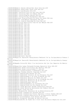 ./dvd03/M/Madeiro Daniel Adrian/Asi Dice Yave Doc.ZIP
./dvd03/M/Madrazo Pedro/Yago Yasck 1836 Htm.ZIP
./dvd03/M/Madrid Juan/Relatos Rtf.ZIP
./dvd03/M/Mael Pierre/La Hija De Las Olas Pdf.ZIP
./dvd03/M/Mael Pierre/La Mano De Sombra Pdf.ZIP
./dvd03/M/Mael Pierre/Simples Amores Pdf.ZIP
./dvd03/M/Mael Pierre/Ultimo Pensamiento Pdf.ZIP
./dvd03/M/Maertens Thierry/Fiesta En Honor De Yahve Pdf.zip
./dvd03/M/Maestro Jose/Amores Adorables Pdf.ZIP
./dvd03/M/Maestro Jose/La Realidad Es Otra Pdf.ZIP
./dvd03/M/Maeterlinck Maurice/La Vida De Las Abejas Pdf.ZIP
./dvd03/M/Mafalda/000 010.zip
./dvd03/M/Mafalda/011 020.zip
./dvd03/M/Mafalda/021 030.zip
./dvd03/M/Mafalda/031 040.zip
./dvd03/M/Mafalda/041 050.zip
./dvd03/M/Mafalda/051 060.zip
./dvd03/M/Mafalda/061 070.zip
./dvd03/M/Mafalda/071 080.zip
./dvd03/M/Mafalda/081 090.zip
./dvd03/M/Mafalda/091 100.zip
./dvd03/M/Mafalda/101 110.zip
./dvd03/M/Mafalda/111 120.zip
./dvd03/M/Mafalda/121 130.zip
./dvd03/M/Mafalda/131 140.zip
./dvd03/M/Mafalda/141 150.zip
./dvd03/M/Mafalda/151 160.zip
./dvd03/M/Mafalda/161 170.zip
./dvd03/M/Mafalda/171 180.zip
./dvd03/M/Mafalda/181 190.zip
./dvd03/M/Mafalda/191 200.zip
./dvd03/M/Mafalda/201 210.zip
./dvd03/M/Mafalda/211 225.zip
./dvd03/M/Mafalda/Info1 Txt.ZIP
./dvd03/M/Magallon Ibarra/El Renacimiento Medieval De La Jurisprudencia Romana 2
Pdf.ZIP
./dvd03/M/Magallon Ibarra/El Renacimiento Medieval De La Jurisprudencia Romana
Pdf.ZIP
./dvd03/M/Magaña Victor/El Niño Y La Oscilacion Del Sur Sus Impactos En Mexico
Pdf.ZIP
./dvd03/M/Magariños Lamas Fernando/Sistema Operativo Unix Pdf.ZIP
./dvd03/M/Magister Rosae Crucis/Guia Del Neofito Pdf.ZIP
./dvd03/M/Magister Rosae Crucis/Liber777 Pdf.ZIP
./dvd03/M/Magris Claudio/Utopia Y Desencanto Doc.ZIP
./dvd03/M/Mahatma Chandra Bala/El Yoguismo Doc.ZIP
./dvd03/M/Mahfuz Naguib/Cafe Karnak Doc.ZIP
./dvd03/M/Mahfuz Naguib/El Callejon De Los Milagros Doc.ZIP
./dvd03/M/Mahfuz Naguib/Keops Y La Gran Piramide Doc.ZIP
./dvd03/M/Mahfuz Naguib/La Batalla De Tebas Doc.ZIP
./dvd03/M/Mahfuz Naguib/La Maldicion De La Piramide Doc.ZIP
./dvd03/M/Mahfuz Naguib/La Maldicion De Ra Doc.ZIP
./dvd03/M/Mahfuz Naguib/Miramar Pdf.ZIP
./dvd03/M/Mahfuz Naguib/Radophis La Cortesana Txt.ZIP
./dvd03/M/Mahfuz Naguib/Voces De Otro Mundo Rtf.ZIP
./dvd03/M/Mahieu Jaime Maria/El Estado Comunitario Htm.ZIP
./dvd03/M/Mahieu Jaime Maria/La Naturaleza Del Hombre Htm.ZIP
./dvd03/M/Mahoma/El Coran Doc.ZIP
./dvd03/M/Mahy Margaret/El Secuestro De La Bibliotecaria.ZIP
./dvd03/M/Maiacovski Vladimir/La Chinche Pdf.ZIP
./dvd03/M/Maiacovski Vladimir/La Flauta Espinazo Y Otros Poemas Pdf.ZIP
./dvd03/M/Maiakovski Vladimir/Revolucion En La Revolucion Htm.ZIP
./dvd03/M/Maier Corinne/Buenos Dias Pereza Pdf.ZIP
./dvd03/M/Mailer Norman/El Fantasma De Harlot Doc.ZIP
./dvd03/M/Maimonides/No Se Puede Dar A Dios Sino Atributos Negativos Doc.ZIP
 