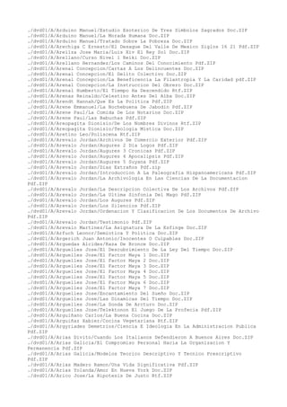 ./dvd01/A/Arduino Manuel/Estudio Esoterico De Tres Simbolos Sagrados Doc.ZIP
./dvd01/A/Arduino Manuel/La Morada Humana Doc.ZIP
./dvd01/A/Arduino Manuel/Tratado Sobre La Pobreza Doc.ZIP
./dvd01/A/Arechiga C Ernesto/El Desague Del Valle De Mexico Siglos 16 21 Pdf.ZIP
./dvd01/A/Areilza Jose Maria/Luis Xiv El Rey Sol Doc.ZIP
./dvd01/A/Arellano/Curso Nivel 1 Reiki Doc.ZIP
./dvd01/A/Arellano Hernandez/Los Caminos Del Conocimiento Pdf.ZIP
./dvd01/A/Arenal Concepcion/Cartas A Los Delincuentes Doc.ZIP
./dvd01/A/Arenal Concepcion/El Delito Colectivo Doc.ZIP
./dvd01/A/Arenal Concepcion/La Beneficencia La Filantropia Y La Caridad pdf.ZIP
./dvd01/A/Arenal Concepcion/La Instruccion Del Obrero Doc.ZIP
./dvd01/A/Arenal Humberto/El Tiempo Ha Descendido Rtf.ZIP
./dvd01/A/Arenas Reinaldo/Celestino Antes Del Alba Doc.ZIP
./dvd01/A/Arendt Hannah/Que Es La Politica Pdf.ZIP
./dvd01/A/Arene Emmanuel/La Nochebuena De Jabodin Pdf.ZIP
./dvd01/A/Arene Paul/La Comida De Los Notarios Doc.ZIP
./dvd01/A/Arene Paul/Las Babuchas Pdf.ZIP
./dvd01/A/Areopagita Dionisio/De Los Nombres Divinos Rtf.ZIP
./dvd01/A/Areopagita Dionisio/Teologia Mistica Doc.ZIP
./dvd01/A/Aretino Leo/Poliscena Rtf.ZIP
./dvd01/A/Arevalo Jordan/Archivos De Comercio Exterior Pdf.ZIP
./dvd01/A/Arevalo Jordan/Augures 2 Dia Logos Pdf.ZIP
./dvd01/A/Arevalo Jordan/Augures 3 Cronicas Pdf.ZIP
./dvd01/A/Arevalo Jordan/Augures 4 Apocalipsis Pdf.ZIP
./dvd01/A/Arevalo Jordan/Augures 5 Suyana Pdf.ZIP
./dvd01/A/Arevalo Jordan/Dias Extraños Pdf.zip
./dvd01/A/Arevalo Jordan/Introduccion A La Paleografia Hispanoamericana Pdf.ZIP
./dvd01/A/Arevalo Jordan/La Archivologia En Las Ciencias De La Documentacion
Pdf.ZIP
./dvd01/A/Arevalo Jordan/La Descripcion Colectiva De Los Archivos Pdf.ZIP
./dvd01/A/Arevalo Jordan/La Ultima Sinfonia Del Mago Pdf.ZIP
./dvd01/A/Arevalo Jordan/Los Augures Pdf.ZIP
./dvd01/A/Arevalo Jordan/Los Silencios Pdf.ZIP
./dvd01/A/Arevalo Jordan/Ordenacion Y Clasificacion De Los Documentos De Archivo
Pdf.ZIP
./dvd01/A/Arevalo Jordan/Testimonio Pdf.ZIP
./dvd01/A/Arevalo Martinez/La Asignatura De La Esfinge Doc.ZIP
./dvd01/A/Arfuch Leonor/Semiotica Y Politica Doc.ZIP
./dvd01/A/Argerich Juan Antonio/Inocentes O Culpables Doc.ZIP
./dvd01/A/Arguedas Alcides/Raza De Bronce Doc.ZIP
./dvd01/A/Arguelles Jose/El Descubrimiento De La Ley Del Tiempo Doc.ZIP
./dvd01/A/Arguelles Jose/El Factor Maya 1 Doc.ZIP
./dvd01/A/Arguelles Jose/El Factor Maya 2 Doc.ZIP
./dvd01/A/Arguelles Jose/El Factor Maya 3 Doc.ZIP
./dvd01/A/Arguelles Jose/El Factor Maya 4 Doc.ZIP
./dvd01/A/Arguelles Jose/El Factor Maya 5 Doc.ZIP
./dvd01/A/Arguelles Jose/El Factor Maya 6 Doc.ZIP
./dvd01/A/Arguelles Jose/El Factor Maya 7 Doc.ZIP
./dvd01/A/Arguelles Jose/Encantamiento Del Sueño Doc.ZIP
./dvd01/A/Arguelles Jose/Las Dinamicas Del Tiempo Doc.ZIP
./dvd01/A/Arguelles Jose/La Sonda De Arcturo Doc.ZIP
./dvd01/A/Arguelles Jose/Telektonon El Juego De La Profecia Pdf.ZIP
./dvd01/A/Arguiñano Carlos/La Buena Cocina Doc.ZIP
./dvd01/A/Arguiñaz Xabier/Cocina Vegetariana Rtf.ZIP
./dvd01/A/Argyriades Demetrios/Ciencia E Ideologia En La Administracion Publica
Pdf.ZIP
./dvd01/A/Arias Divito/Cuando Los Italianos Defendieron A Buenos Aires Doc.ZIP
./dvd01/A/Arias Galicia/El Compromiso Personal Hacia La Organizacion Y
Permanencia Pdf.ZIP
./dvd01/A/Arias Galicia/Modelos Teorico Descriptivo Y Tecnico Prescriptivo
Pdf.ZIP
./dvd01/A/Arias Madero Ramon/Una Vida Significativa Pdf.ZIP
./dvd01/A/Arias Yolanda/Amor En Nueva York Doc.ZIP
./dvd01/A/Arico Jose/La Hipotesis De Justo Rtf.ZIP
 