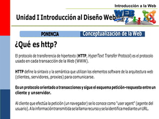 Introducción a la Web
¿Qué es http?
El protocolo de transferencia de hipertexto (HTTP, HyperText Transfer Protocol) es el protocolo
usado en cada transacción de la Web (WWW).
HTTP define la sintaxis y la semántica que utilizan los elementos software de la arquitectura web
(clientes, servidores, proxies) para comunicarse.
Esunprotocoloorientadoatransaccionesysigueelesquemapetición-respuestaentreun
cliente y unservidor.
Alcliente queefectúala petición(unnavegador)seloconocecomo"useragent"(agente del
usuario).AlainformacióntransmitidaselallamarecursoyselaidentificamedianteunURL.
P
PO
ON
NE
EN
NC
CIIA
A Conceptualización de laWeb
Unidad I Introducción al Diseño Web
 