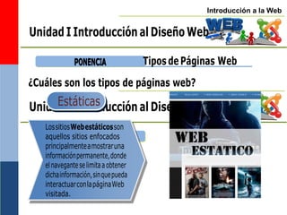 Introducción a la Web
Unidad I Introducción al Diseño Web
P
PO
ON
NE
EN
NC
CIIA
A Tipos de Páginas Web
¿Cuáles son los tipos de páginas web?
Unidad I Introducción al Diseño Web
unanueva
LossitiosWebestáticosson
aquellos sitios enfocados
principalmenteamostraruna
informaciónpermanente,donde
elnaveganteselimitaaobtener
dichainformación,sinquepueda
interactuarconlapáginaWeb
visitada.
Estáticas
 