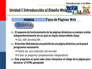 Introducción a la Web
Unidad I Introducción al Diseño Web
P
PO
ON
NE
EN
NC
CIIA
A Tipos de Páginas Web
 El esquema de funcionamiento de las páginas dinámicas es siempre similar
independientemente de en qué se hayan desarrollado éstas
CGI, ASP,Servlets/JSP…
 ElservidorWebdetectaunapeticióndeunapáginadinámicayselapasaa
l
programa necesario
Podría ser una extensión del servidor
O bien un programa completamente independiente
 Éste programa es quien sabe cómo interpretar el código de la páginapara
devolver el HTMLapropiado
Dinámicas
 