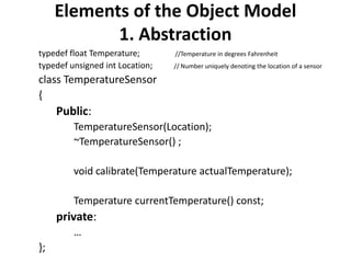 Elements of the Object Model
1. Abstraction
typedef float Temperature; //Temperature in degrees Fahrenheit
typedef unsigned int Location; // Number uniquely denoting the location of a sensor
class TemperatureSensor
{
Public:
TemperatureSensor(Location);
~TemperatureSensor() ;
void calibrate(Temperature actualTemperature);
Temperature currentTemperature() const;
private:
…
};
 