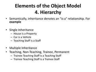 Elements of the Object Model
4. Hierarchy
• Semantically, inheritance denotes an "is-a" relationship. For
example
• Single Inheritance
– House is a Property
– Car is a Vehicle
– Teaching Staff is a Staff
• Multiple Inheritance
• Teaching, Non-Teaching, Trainee, Permanent
– Trainee Teaching Staff is a Teaching Staff
– Trainee Teaching Staff is a Trainee Staff
 