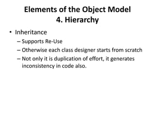Elements of the Object Model
4. Hierarchy
• Inheritance
– Supports Re-Use
– Otherwise each class designer starts from scratch
– Not only it is duplication of effort, it generates
inconsistency in code also.
 