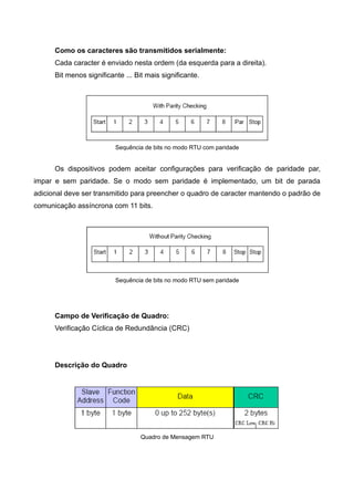 Como os caracteres são transmitidos serialmente:
Cada caracter é enviado nesta ordem (da esquerda para a direita).
Bit menos significante ... Bit mais significante.
Sequência de bits no modo RTU com paridade
Os dispositivos podem aceitar configurações para verificação de paridade par,
impar e sem paridade. Se o modo sem paridade é implementado, um bit de parada
adicional deve ser transmitido para preencher o quadro de caracter mantendo o padrão de
comunicação assíncrona com 11 bits.
Sequência de bits no modo RTU sem paridade
Campo de Verificação de Quadro:
Verificação Cíclica de Redundância (CRC)
Descrição do Quadro
Quadro de Mensagem RTU
 