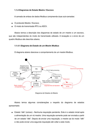 1.1.4 Diagramas de Estado Mestre / Escravo
A camada de enlace de dados Modbus compreende duas sub-camadas:
 O protocolo Mestre / Escravo;
 O modo de transmissão RTU ou ASCII.
Abaixo temos a descrição dos diagramas de estado de um mestre e um escravo,
que são independentes do modo de transmissão utilizado. A recepção e o envio de um
quadro Modbus são descritos abaixo.
1.1.4.1 Diagrama de Estado de um Mestre Modbus
O diagrama abaixo descreve o comportamento de um mestre Modbus.
Diagrama de Estados do Mestre
Abaixo temos algumas considerações a respeito do diagrama de estados
apresentado:
 Estado “idle” (ocioso) - Nenhuma requisição pendente. Este é o estado inicial após
a alimentação de um nó mestre. Uma requisição somente pode ser enviada a partir
de um estado “idle”. Depois de enviar uma requisição, o mestre sai do modo “idle”
e não pode enviar uma segunda requisição até voltar a este modo;
 