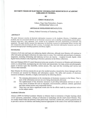 SECURITY NEEDS OF ELECTRONIC INFORMATION RESOURCES IN ACADEMIC LIBRARIES IN NIGERIA BY IDRIS UMAR, ABUBAKAR MOHAMMED BITAGI.