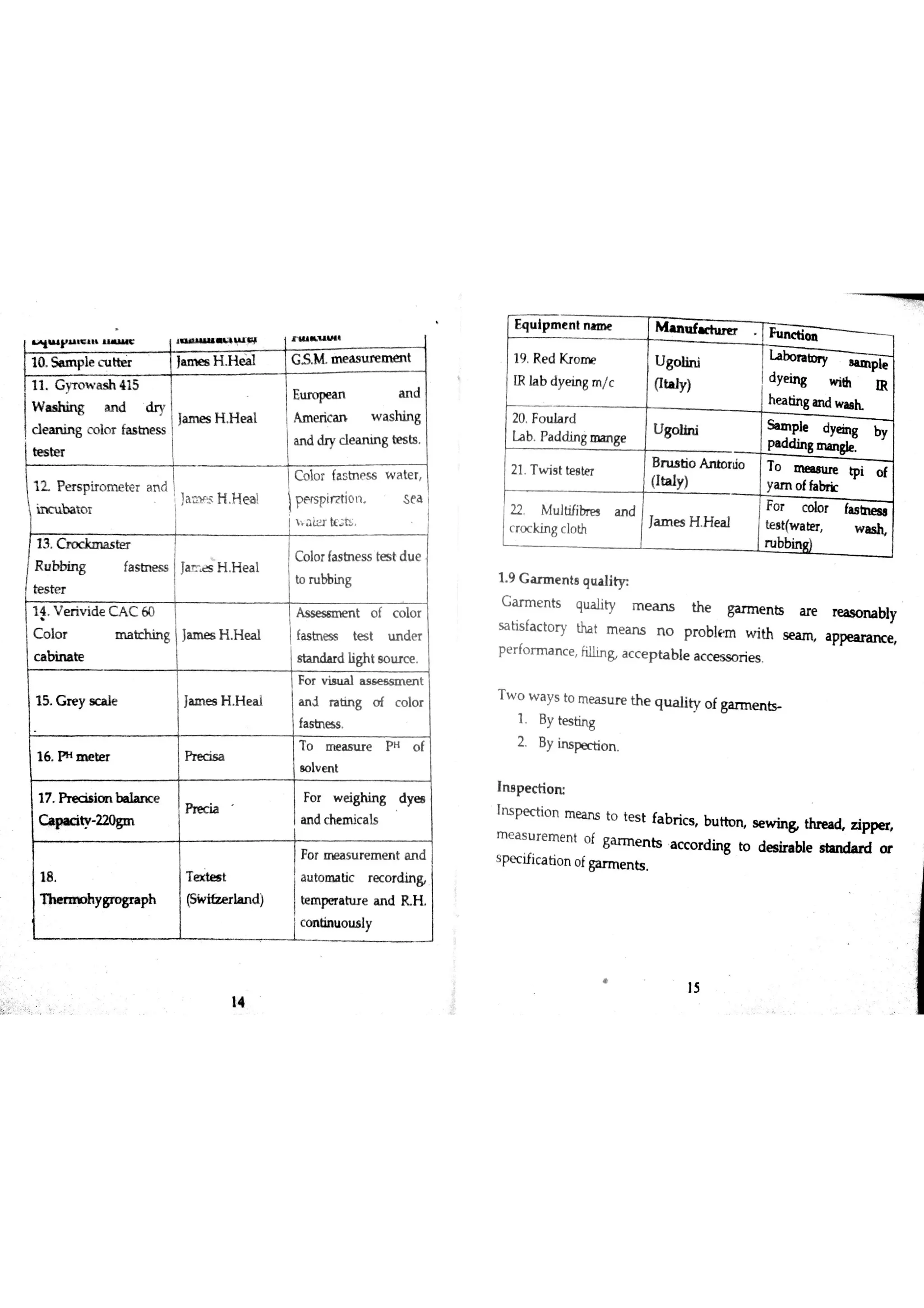 w p ł w w w
1o s w le c u tb& lM H H e at IW = a s tır e m e n t
11 G yro w a s h 4 15
Eu ro pe a n a n d
W ıa Jhin g a n d ? y
Ja m e s H H e a l A m e ric a n w a s hin g
Cleaning o l o r fa s m e s s
a n d ? y c le a n in g bes ts
te s te r
Fo r m e a s u re m e n t a n d
18 T t a u to m a tic r e c o r d in &
T h e r m o h y p h (SM z e r ıa n d ) mp«ahıre a n d k H
c o n tin u o tłs ly
主
llļ iËi
Eq u ip m e n t n a m e
Jn f ı r h
1m
20 Fo u la r d
g m a n ge
U g o lb ıi by
21 T w is t te e t T
(Iıa ly ) o fh br ic
:. W a n d
Ja m e s H H e a l
iH
'
1 9 G a r m e n te q u a liv
G a r m e n ts qu a lity m e a n s th e ga rm e n b a re re as o m bly
sa tis fa c to ry tha t m e a n s n o p ro ble m w ith s w a ppe a ra n c e
p e r fo r m a n c e ŕilhn & a c c e p ta b le a c c e s s o r ie s
T w o w a ys to m e a s u r e th e q u a lity o f ga r m e n b
1 B y te s tin g
2 B y in s pe c tio n
In s p e c tio rĽ
In s pe c tio n m e a n s to te s t fa b r ic s bu ttu rĻ s e w in & z ip p e 】
m e a s u r e m e n t o f ga r m e n ķ a c c o r d in g to de iba ble a tın da r d o r
s pe c ific a tio n o fga r m e n ts
 