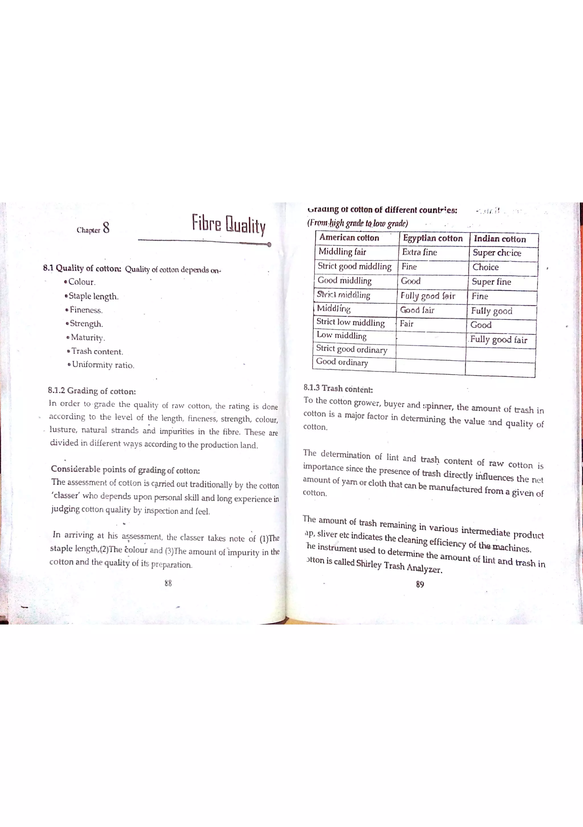 c hıpıtr 8 Fibre Qu a lity
8 1 Q u a lity o f c o tto m Q u a lity o fco tto d e p e n de o r
C o lo u r
t ap l e ımg th.
ine me s s .
t re n g th.
M a tu r ity
r s h co t e t .
n i for m i ty ra t io.
B 1 2 G r a d in g o f c o tto
I d e to gr d e th q a lity f tt th ti g is d n e
a c c o r d in g to th e le e l o f th e le n g th fin e n e s s s tr e n gth c o lo u r
lu s h ır e n a h a l s tr a n d s a d im p u ń tie s in the ń b r e T h e s e a ie
d i id e d in d ille e n t w a ys c c o d in g to th e p ro d u c tio n la n d
C o n s id e r a b le p o in ts o f gr a d in g o f c o tto n
T h e a s se s s m e n t o f c o tio n i9 cTied o u t tr a d itio n a lly by th e c o tto n
c la s s e r h o d e pe n d s u p o n p er s o n a ls k ill a n d lo n g e x p e ń e n c e in
ju d gin g c o tto n q u a lity by in s p e c tio n a n d {e e l
In a r r iv in g a t h is a şs e s s m n t the c la s s e r ta ke s n o lc o f (1)The
s ta p le le n gth (2)T he ĉ o lo u r a n d (3)Th e a m o u n t o fim pu r ity in the
c o tto n a n d tlw qu a ıity o iits pr e pa ra tio n
88
u r a a ln g o t c o n o n o f a ffe r e n t c o u n ıH e a į i ż:
(Fro m high gra de tQ ıo to gr a￠ıe )
A m e ric a n c o tio n l c o tio n In d ia n c o tto n
]w d d lin g fa ir
rfine Is u p e r c h c ic e
s tr ic t g o o d m idd lin g lm I@ o i"
G o o do o d m id d ïin gg ll» a a rra p e r fin e
S lľ ic łm id dlin g lm g o o d fņ ir
图四
M id dlfn g = . d fa ir F u lly g o o d
S tr ic t lo w m id d lin g I四 lL o m id ? n g ļ I四国g o o d fa ir
s tr ic t g o o d
w w J
G o o d o r d in a ry
8 1 3 T r a a h c o n tèn tr
T o th e c o tto n gr o w e r b u ye r a n d p in n e r th e a m o tın t o f tr a s h inc o tio n is a m a jo r h e lo r in d e t r n ıin in g th e v a ıu e ın d q u a ıity o fc o tto n
T h e d e te r m in a tio n o f ıin t a n d tr a s h c o n tm t o f ra w c o tto n isim po r ta n c e s in c e th e p r e se m o f tr a s h d ir e c tly iiiÐu e n c e s th e n e t
c o tto n
a m o u n t o í ya m o r cloth tha t c a rt b e m a n u fa c tu re d fr o m a giv e in o f
T h e a m o u n t o f tr a s h r e m a in is g h v a r io u s iM en rıe d ia be p r o d u c t
a p 5 1iv e r e tc in a c a te s th e c le a n in g e ffic ie nc y o f machinesħe in s h ım e n t u se d to d e te r m in e the m m t o f lin t a n d tr a s h in
黩
th e
J tto n is c a lle d i e y T ra s h A n a ly z e r
89
 