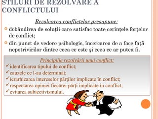 STILURI DE REZOLVARE A
CONFLICTULUI
              Rezolvarea conflictelor presupune:
 dobândirea de soluţii care satisfac toate cerinţele forţelor
  de conflict;
 din punct de vedere psihologic, încercarea de a face faţă
  nepotrivirilor dintre ceea ce este şi ceea ce ar putea fi.
                 Principiile rezolvării unui conflict:
identificarea tipului de conflict;
cauzele ce l-au determinat;
ierarhizarea intereselor părţilor implicate în conflict;
respectarea opiniei fiecărei părţi implicate în conflict;
evitarea subiectivismului.
 