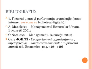 BIBLIOGRAFIE:
 1. Factorul uman și perfermanța organizației(sursa
  internet www.ase.ro biblioteca digitala);
 A. Manolescu – Managementul Resurselor Umane-
  București 2001;
 O.Nocolescu – Management- București 2005;

 Gary JOHNS - Comportament organizaţional ,
  înţelegerea şi conducerea oamenilor în procesul
  muncii (ed. Economica pag. 419 - 449)
 