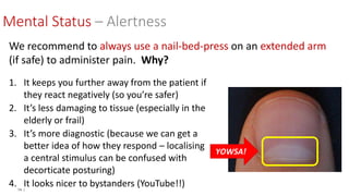 14 |
Mental Status – Alertness
We recommend to always use a nail-bed-press on an extended arm
(if safe) to administer pain. Why?
1. It keeps you further away from the patient if
they react negatively (so you’re safer)
2. It’s less damaging to tissue (especially in the
elderly or frail)
3. It’s more diagnostic (because we can get a
better idea of how they respond – localising
a central stimulus can be confused with
decorticate posturing)
4. It looks nicer to bystanders (YouTube!!)
YOWSA!
 