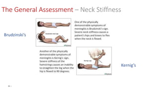 36 |
Brudzinski’s
Kernig’s
The General Assessment – Neck Stiffness
 