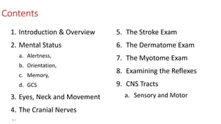 4 |
Contents
1. Introduction & Overview
2. Mental Status
a. Alertness,
b. Orientation,
c. Memory,
d. GCS
3. Eyes, Neck and Movement
4. The Cranial Nerves
5. The Stroke Exam
6. The Dermatome Exam
7. The Myotome Exam
8. Examining the Reflexes
9. CNS Tracts
a. Sensory and Motor
 