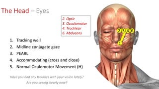 The Head – Eyes
1. Tracking well
2. Midline conjugate gaze
3. PEARL
4. Accommodating (cross and close)
5. Normal Oculomotor Movement (H)
Have you had any troubles with your vision lately?
Are you seeing clearly now?
2. Optic
3. Occulomotor
4. Trochlear
6. Abducens
 