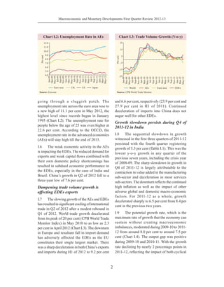 Macroeconomic and Monetary Developments First Quarter Review 2012-13
2
going through a sluggish patch. The
unemployment rate across the euro area rose to
a new high of 11.1 per cent in May 2012, the
highest level since records began in January
1995 (Chart I.2). The unemployment rate for
people below the age of 25 was even higher at
22.6 per cent. According to the OECD, the
unemployment rate in the advanced economies
(AEs) will stay high till the end of 2013.
I.6	 The weak economic activity in the AEs
is impacting the EDEs. The reduced demand for
exports and weak capital flows combined with
their own domestic policy shortcomings has
resulted in subdued economic performance in
the EDEs, especially in the case of India and
Brazil. China’s growth in Q2 of 2012 fell to a
three-year low of 7.6 per cent.
Dampening trade volume growth is
affecting EDEs exports
I.7	 The slowing growth of theAEs and EDEs
hasresultedinsignificantcoolingofinternational
trade in Q2 of 2012 after a modest rebound in
Q1 of 2012. World trade growth decelerated
from its peak of 20 per cent (CPB World Trade
Monitor Index) in May 2010 to as low as 2.3
per cent inApril 2012 (Chart I.3). The downturn
in Europe and resultant fall in import demand
has adversely affected the EDEs as the EU
constitutes their single largest market. There
was a sharp deceleration in both China’s exports
and imports during H1 of 2012 to 9.2 per cent
and 6.6 per cent, respectively (23.9 per cent and
27.9 per cent in H1 of 2011). Continued
deceleration of imports into China does not
augur well for other EDEs.
Growth slowdown persists during Q4 of
2011-12 in India
I.8	 The sequential slowdown in growth
witnessed in the first three quarters of 2011-12
persisted with the fourth quarter registering
growth of 5.3 per cent (Table I.1). This was the
lowest y-o-y growth in any quarter of the
previous seven years, including the crisis year
of 2008-09. The sharp slowdown in growth in
Q4 of 2011-12 is largely attributable to the
contraction in value added in the manufacturing
sub-sector and deceleration in most services
sub-sectors.The downturn reflects the continued
high inflation as well as the impact of other
adverse global and domestic macro-economic
factors. For 2011-12 as a whole, growth
decelerated sharply to 6.5 per cent from 8.4 per
cent in the previous two years.
I.9	 The potential growth rate, which is the
maximum rate of growth that the economy can
sustain without creating macroeconomic
imbalances, moderated during 2009-10 to 2011-
12 from around 8.0 per cent to around 7.5 per
cent (Chart I.4). The output gap was positive
during 2009-10 and 2010-11. With the growth
rate declining by nearly 2 percentage points in
2011-12, reflecting the impact of both cyclical
 