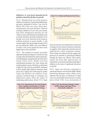 Macroeconomic and Monetary Developments First Quarter Review 2012-13
42
Inflation in non-food manufactured
products muted by decline in growth
VI.12	 Manufactured non-food products
inflation, an indicator of generalised inflationary
pressures, moderated to below 5 per cent by
March 2012 after two years. Since then,
manufactured non-food products inflation
remained subdued (4.8 per cent, provisional,
June 2012), though price pressures are still
visible in some manufactured commodities such
as metals, fertilisers, pesticides and paints. Even
though non-food manufactured products
inflation declined in recent months, it still
remains higher than the decadal average of 4.0
per cent during the 2000s. Also, core inflation
in India in the recent period has been much
higher than in AEs and EDEs.
VI.13	 The month-over-month seasonally
adjusted annualised changes (3-month moving
average) showed moderation of price pressures,
notwithstanding a marginal pick-up in the latest
month (Chart VI.6). Within non-food
manufactured products, the ‘basic metals and
metals products’group, which has a substantial
weight (10.7 per cent) in overall WPI, continued
to have double digit inflation. Domestic metal
prices have largely been following the global
trends and therefore, the inflation in this
category remained high as exchange rate
depreciation partly offset the impact of
moderating global prices (Chart VI.7). Apart
from the pressure from global price trends and
exchange rate movements, domestic constraints
on supplies of key inputs like minerals and coal
could also be a source of pressure on prices.
These trends also indicate that the supply-side
pressures do translate to generalised inflation
through the input cost channel. These partly
explain the lower than expected pace of
moderation in non-food manufactured products
inflation in the wake of significant slowdown
in growth.
VI.14	 Input cost pressures continued to
remain persistent as seen from the HSBC Markit
Purchasing Managers Index (PMI) which
indicates that the pace of expansion of input
costs was much higher than increases in output
prices (Chart VI.8). In an environment of
 