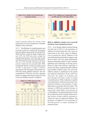 Macroeconomic and Monetary Developments First Quarter Review 2012-13
44
raised concerns about the extent of the
transmission of recent moderation in headline
inflation to the consumers.
VI.17	 The difference in weighting pattern and
coverage could also explain the divergence
between inflation based on the CPI and the WPI.
While food has a relatively larger weight in the
new CPI, the WPI has more weight for
manufactured products with items like metals
and chemicals that do not enter the CPI directly.
The new CPI includes housing and many
services which are not covered under WPI.
Comparable data for a relatively longer period
of time is necessary to make a realistic
assessment of the divergence between the new
CPI and existing inflation measures. The new
comprehensive CPI does not have adequate
history to support data analysis and to be used
as the sole headline measure of inflation.
Risks to inflation remain even as growth
slowdown eases demand pressures
VI.18	 Even though inflation declined during
the latter part of 2011-12, the persistence of
inflation in recent months above the 7 per cent
mark points to the sticky nature of inflation,
even as growth has slowed. Inflation in the
non-food manufactured products category came
down to below 5 per cent, partly reflecting the
demand moderating impact of past monetary
tightening and weakening of pricing power.
However, high food inflation, especially in
protein-rich items, and persistent fuel inflation
kept headline inflation high. The near-term
inflation outlook is conditioned on the spatial
and temporal distribution of the south-west
monsoon, the impact of exchange rate
pass-through and likely trends in global
commodity prices. While moderation in global
commodity prices could ease the pressure from
imported inflation, pass-through of rupee
depreciation will partly offset the impact. The
increases in MSP and sustained increases in
wage levels could further exert pressure on
overall inflation. The administered prices of fuel
do not reflect the trends in global market prices
and revision of these would be necessary to
reduce the extent of suppressed inflation. The
persistence of inflation in an environment of
slowing growth is a major challenge for
monetary policy.
Table VI.3: WPI and New-CPI
(Combined) Inflation
  Food Fuel Excluding
Food and
Fuel
Overall
WPI New
CPI
WPI New
CPI
WPI New
CPI
WPI New
CPI
1 2 3 4 5 6 7 8 9
Weight 24.3 47.6 14.9 9.5 60.8 42.9 100 100
Jan-12 1.5 3.9 17.0 13.0 7.5 10.6 7.2 7.5
Feb-12 5.9 6.7 15.1 12.8 6.3 10.4 7.6 8.8
Mar-12 8.7 8.1 12.8 11.8 5.8 10.2 7.7 9.4
Apr-12 9.3 10.1 12.1 11.2 5.4 10.2 7.5 10.3
May-12 9.0 10.5 11.5 10.7 5.7 10.1 7.5 10.4
June-12 9.0 10.8 10.3 10.3 5.6 9.1 7.3 10.0
 