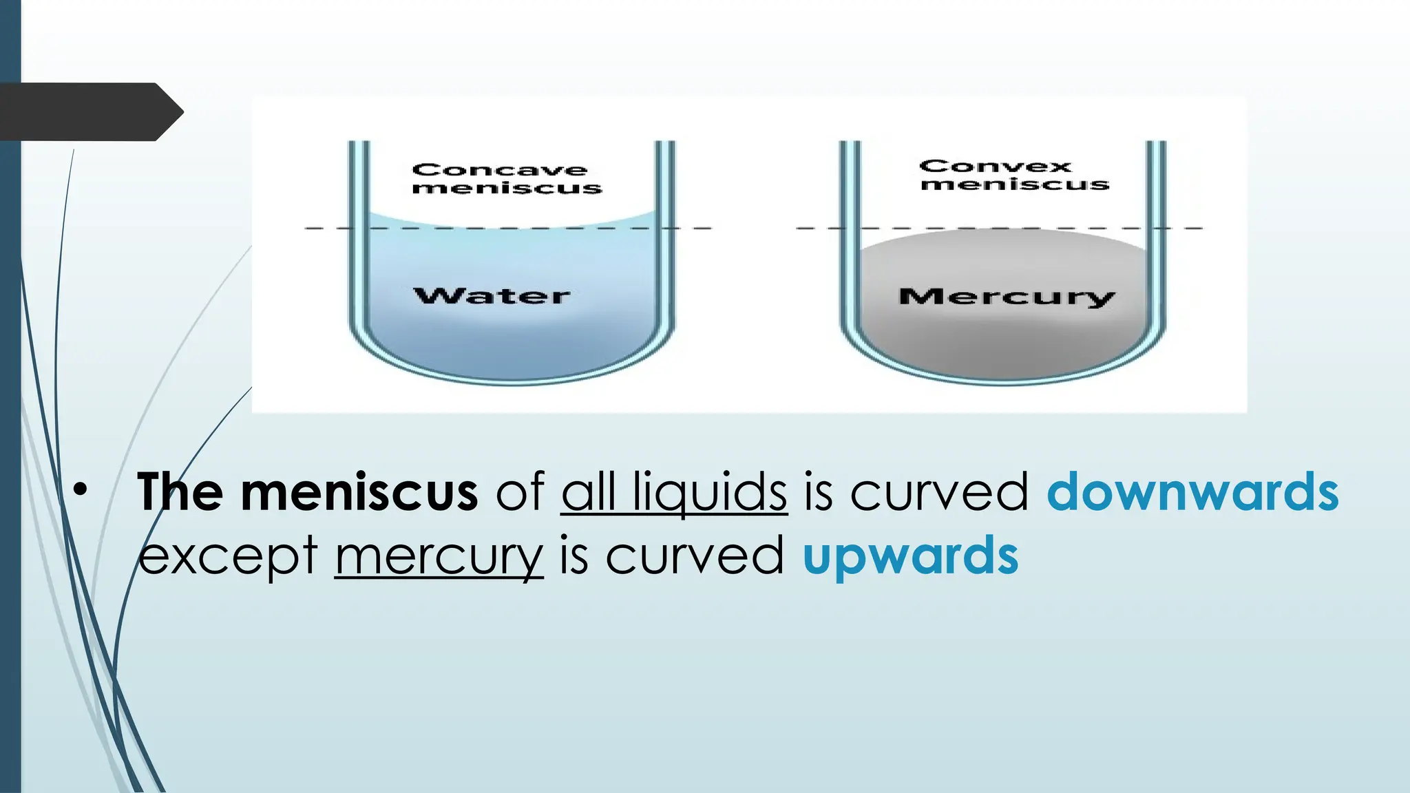 • The meniscus of all liquids is curved downwards
except mercury is curved upwards
 