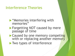 Interference Theories
“Memories interfering with
memories”
Forgetting NOT caused by mere
passage of time
Caused by one memory competing
with or replacing another memory
Two types of interference
 