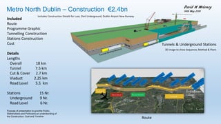 Metro North Dublin Ireland, Proposed – Construction €2.4bn
Included
Route
Programme Graphic
Tunnelling Construction
Stations Construction
Cost
Details
Lengths
Overall 18 km
Tunnel 7.5 km
Cut & Cover 2.7 km
Viaduct 2.25 km
Road Level 5.5 km
Stations 15 Nr.
Underground 9 Nr.
Road Level 6 Nr.
Tunnels & Underground Stations
Route
3D image to show Sequence, Method & Plant.
David H Moloney
29th June 2017
Purpose of presentation to give the Public, Stakeholders and Politicians
an understanding of the Construction, Cost and Timeline
ⓒ David H Moloney
Schematic Longitudinal Profile
Project Execution Plan
Details of how a Metro is constructed, and how the progress, safety
and quality will be monitored and controlled.
 