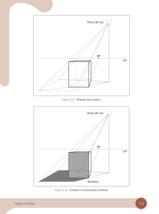 113
Noções de Sombras
Foco de luz
Figura 8.15 - Projeção das sombras.
Foco de luz
Sombra
Figura 8.16 - Sombras com iluminação artificial.
cap 08.indd 113
cap 08.indd 113 31/01/14 16:12
31/01/14 16:12
 