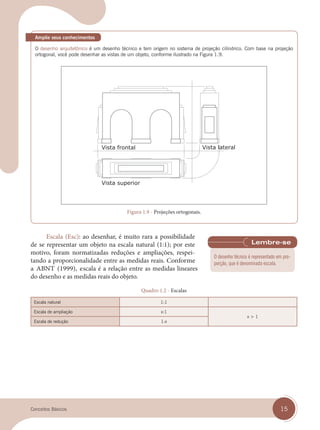 15
Conceitos Básicos
O desenho arquitetônico é um desenho técnico e tem origem no sistema de projeção cilíndrico. Com base na projeção
ortogonal, você pode desenhar as vistas de um objeto, conforme ilustrado na Figura 1.9.
Figura 1.9 - Projeções ortogonais.
Amplie seus conhecimentos
Escala (Esc): ao desenhar, é muito rara a possibilidade
de se representar um objeto na escala natural (1:1); por este
motivo, foram normatizadas reduções e ampliações, respei-
tando a proporcionalidade entre as medidas reais. Conforme
a ABNT (1999), escala é a relação entre as medidas lineares
do desenho e as medidas reais do objeto.
Quadro 1.2 - Escalas
Escala natural 1:1
Escala de ampliação x:1
x > 1
Escala de redução 1:x
O desenho técnico é representado em pro-
porção, que é denominada escala.
cap 01.indd 15
cap 01.indd 15 14/03/14 10:09
14/03/14 10:09
 