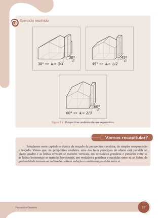27
Perspectiva Cavaleira
Exercício resolvido
Figura 2.4 - Perspectivas cavaleiras da casa esquemática.
Estudamos neste capítulo a técnica de traçado da perspectiva cavaleira, de simples compreensão
e traçado. Vimos que, na perspectiva cavaleira, uma das faces principais do objeto está paralela ao
plano quadro e as linhas verticais se mantêm verticais, em verdadeira grandeza e paralelas entre si;
as linhas horizontais se mantêm horizontais, em verdadeira grandeza e paralelas entre si; as linhas de
profundidade tornam-se inclinadas, sofrem redução e continuam paralelas entre si.
Vamos recapitular?
cap 02.indd 27
cap 02.indd 27 31/01/14 16:07
31/01/14 16:07
 