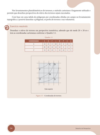 34 Desenho de Perspectiva
Nos levantamentos planialtimétricos de terrenos, o método cartesiano é largamente utilizado e
permite que desenhos perspectivos do relevo dos terrenos sejam executados.
Com base em uma tabela de poligonais por coordenadas obtidas em campo no levantamento
topográfico, é possível desenhar a poligonal, os perfis do terreno e sua volumetria.
Exercício resolvido
Desenhar o relevo do terreno em perspectiva isométrica, sabendo que ele mede 20 × 20 m e
tem as coordenadas cartesianas conforme o Quadro 3.1.
Quadro 3.1
COORDENADAS C D F J M P S U
X 10 15 0 20 10 0 15 0
Y 20 20 15 15 10 5 5 0
Z 15 10 15 5 10 10 5 5
Vista superior
Figura 3.5 - Coordenadas do terreno.
cap 03.indd 34
cap 03.indd 34 31/01/14 16:08
31/01/14 16:08
 