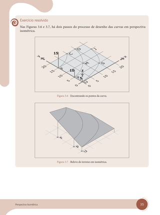 35
Perspectiva Isométrica
Exercício resolvido
Nas Figuras 3.6 e 3.7, há dois passos do processo de desenho das curvas em perspectiva
isométrica.
Figura 3.6 - Encontrando os pontos da curva.
Figura 3.7 - Relevo do terreno em isométrica.
cap 03.indd 35
cap 03.indd 35 31/01/14 16:08
31/01/14 16:08
 