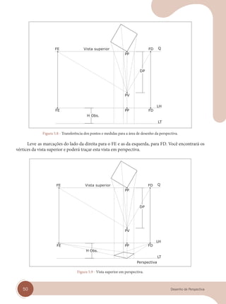 50 Desenho de Perspectiva
Vista superior
Figura 5.8 - Transferência dos pontos e medidas para a área de desenho da perspectiva.
Leve as marcações do lado da direita para o FE e as da esquerda, para FD. Você encontrará os
vértices da vista superior e poderá traçar esta vista em perspectiva.
Vista superior
Figura 5.9 - Vista superior em perspectiva.
cap 05.indd 50
cap 05.indd 50 31/01/14 16:09
31/01/14 16:09
 