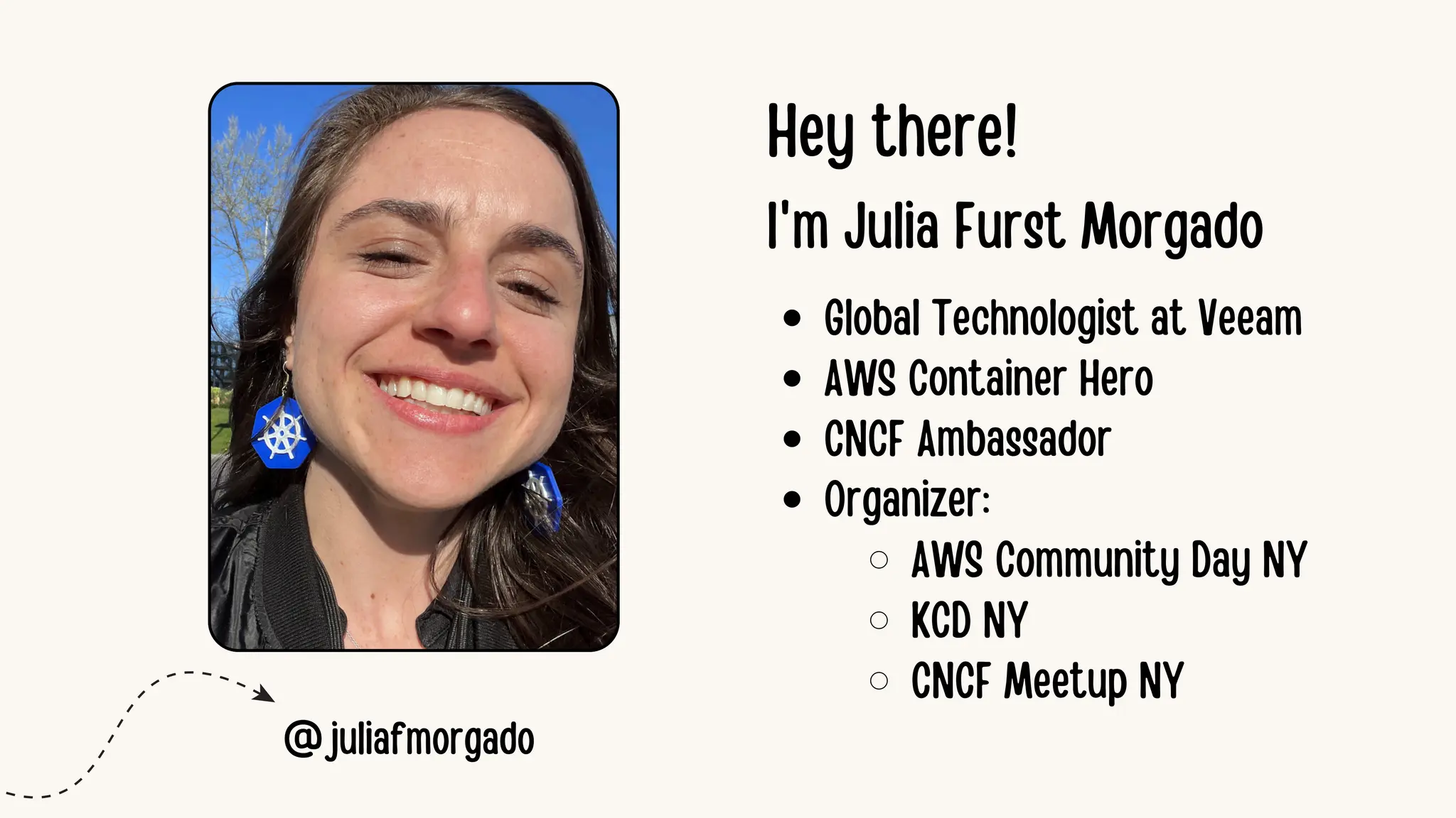 Hey there!
I'm Julia Furst Morgado
Global Technologist at Veeam
AWS Container Hero
CNCF Ambassador
Organizer:
AWS Community Day NY
KCD NY
CNCF Meetup NY
@juliafmorgado
 