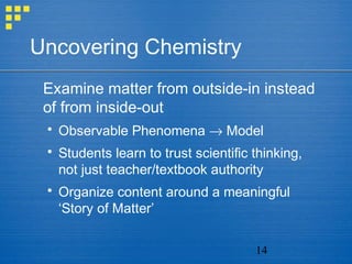 Uncovering Chemistry
 Examine matter from outside-in instead
 of from inside-out
  Observable Phenomena → Model
  Studen...