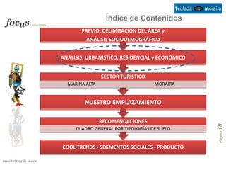 Índice de Contenidos
       PREVIO: DELIMITACIÓN DEL ÁREA y
         ANÁLISIS SOCIODEMOGRÁFICO


ANÁLISIS, URBANÍSTICO, RESIDENCIAL y ECONÓMICO


                SECTOR TURÍSTICO
  MARINA ALTA                       MORAIRA


        NUESTRO EMPLAZAMIENTO

                RECOMENDACIONES




                                                 Página 18
     CUADRO GENERAL POR TIPOLOGÍAS DE SUELO


COOL TRENDS - SEGMENTOS SOCIALES - PRODUCTO
 