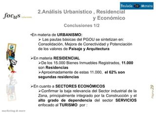 2.Análisis Urbanístico , Residencial
                           y Económico
                  Conclusiones 1/2

•En materia de URBANISMO:
     Las pautas básicas del PGOU se sintetizan en:
    Consolidación, Mejora de Conectividad y Potenciación
    de los valores de Paisaje y Arquitectura

En materia RESIDENCIAL
   De los 15.000 Bienes Inmuebles Registrados, 11.000
   son Residencias
   Aproximadamente de estas 11.000, el 62% son
   segundas residencias

En cuanto a SECTORES ECONÓMICOS




                                                               Página 29
   Confirmar la baja relevancia del Sector industrial de la
   Zona, principalmente integrado por la Construcción y el
   alto grado de dependencia del sector SERVICIOS
   enfocado al TURISMO por :
 