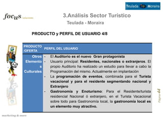 3.Análisis Sector Turístico
                         Teulada - Moraira

    PRODUCTO y PERFIL DE USUARIO 4/8


PRODUCTO
         PERFIL DEL USUARIO
/OFERTA
    Otros -    El Auditorio es el nuevo Gran protagonista
 Elemento -    Usuario principal: Residentes, nacionales o extranjeros. El
         s     propio Auditorio ha realizado un estudio para llevar a cabo la
Culturales     Programación del mismo. Actualmente en implantación
           -   La programación de eventos, combinada para el Turista
               vacacional y para el residente segmentando nacional y
               Extranjero
           -




                                                                                Página 44
               Gastronomía y Enoturismo: Para el Residente/turista
               residencial Nacional ó extranjero, en el Turista Vacacional
               sobre todo para Gastronomía local, la gastronomía local es
               un elemento muy atractivo.
 