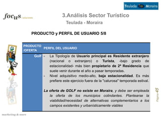 3.Análisis Sector Turístico
                        Teulada - Moraira

    PRODUCTO y PERFIL DE USUARIO 5/8


PRODUCTO
         PERFIL DEL USUARIO
/OFERTA
     Golf -   La Tipología de Usuario principal es Residente extranjero
              (nacional o extranjero) o Turista, -bajo grado de
              estacionalidad- más bien propietario de 2ª Residencia que
              suele venir durante el año a pasar temporadas.
          -   Nivel adquisitivo medio-alto, baja estacionalidad. Es más
              prefiere este ejercicio fuera de la "calurosa" temporada estival.




                                                                                  Página 45
          La oferta de GOLF no existe en Moraira, y debe ser empleada
             la oferta de los municipios colindantes. Plantearse la
             viabilidad/necesidad de alternativas complementarios a los
             campos existentes y urbanísticamente viables
 