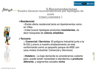 5.Recomendaciones
Cuadro General recomendaciones por tipologías de
                    suelo
               CONCLUSIONES 1
Residencial:
   oExiste oferta residencial tanto en Apartamentos como
   en Villas
   oCabe buscar tipologías productos inexistentes, es
   decir búsqueda de valores añadidos

Terciario
   o Comercial / Servicios: El polígono Industrial junto a la
   N-332 y previo a nuestro emplazamiento se esta
   conformando como un pequeño parque de MSE con
   usos mixtos (Industrial, Comercial y Servicios)




                                                                Página 63
    oHotelero: La baja demanda la consideramos cubierta
    pero, puede existir necesidad si atendemos a producto
    diferente, y segmentos sociales nicho
 
