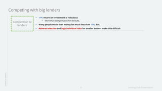 Lending Club Presentation6
17% return on investment is ridiculous
More than compensates for defaults.
Many people would loan money for much less than 17%, but:
Adverse selection and high individual risks for smaller lenders make this difficult
LENDINGINAMERICA
Competing with big lenders
Competition to
lenders
 