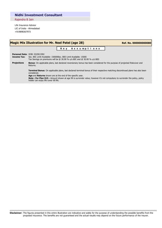 Rajendra B Jain
Nidhi Investment Consultant
Life Insurance Advisor
LIC of India - Ahmedabad
+919898367973
Ref. No. 000000000080
Magic Mix Illustration for Mr. Neel Patel (age 28)
Personal Data: DOB: 03/09/1992
K e y A s s u m p t i o n s
Income Tax: Sec. 80C Limit Available: 150000Sec. 80D Limit Available: 15000
Tax Savings on premiums will be @ 30.90 % u/s 80C and @ 30.90 % u/s 80D
Terminal Bonus: On applicable plans, last declared terminal bonus of their respective matching discontinued plans has also been
considered.
Bonus: On applicable plans, last declared reversionary bonus has been considered for the purpose of projected Riskcover and
Returns.
Projections:
Age and Returns shown are at the end of the specific year.
Note : For Plan 915 - Amount shown at age 99 is surrender value, however it’s not compulsory to surrender the policy, policy
holder can enjoy life cover till life.
The figures presented in this entire illustration are indicative and solely for the purpose of understanding the possible benefits from the
proposed insurance. The benefits are not guaranteed and the actual results may depend on the future performance of the insurer.
Disclaimer:
 